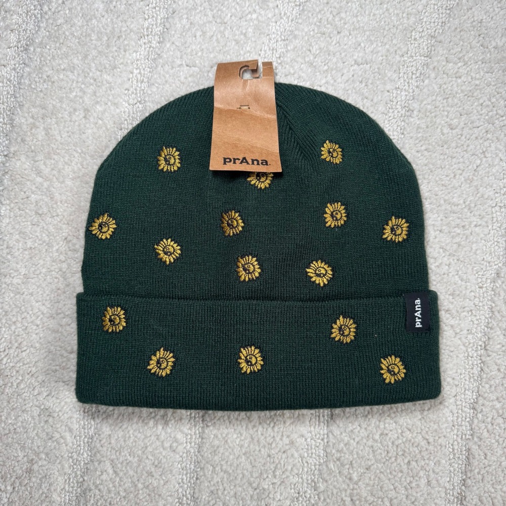 NWT prAna Wild Now Beanie Green Sunflower Yin Yang Embroidered Knit Hat UniseX
